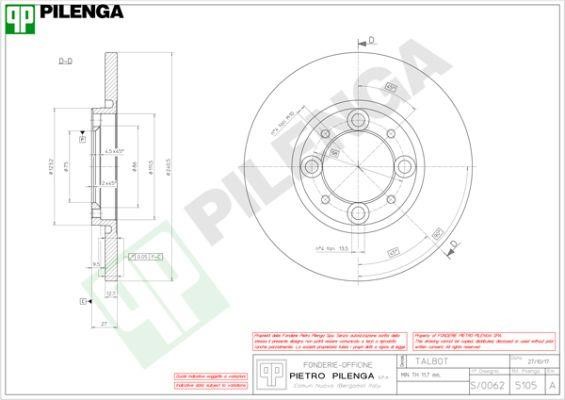 Pilenga 5105 Unventilated front brake disc 5105: Buy near me at 2407.PL in Poland at an Affordable price!