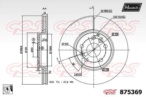 MaxTech 875369.0080 Диск гальмівний передній вентильований 8753690080: Приваблива ціна - Купити у Польщі на 2407.PL!