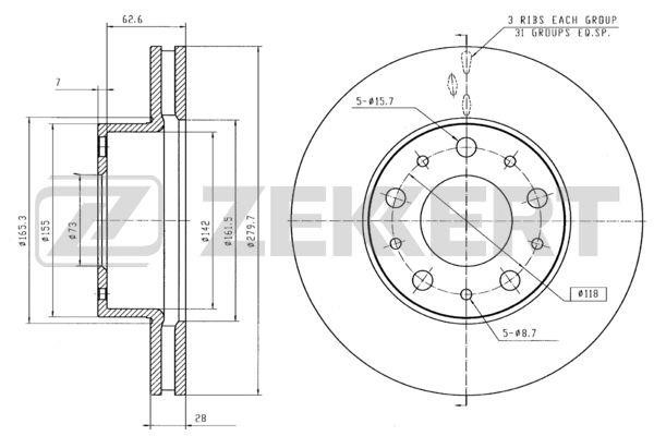 Zekkert BS-5108 Front brake disc ventilated BS5108: Buy near me at 2407.PL in Poland at an Affordable price!
