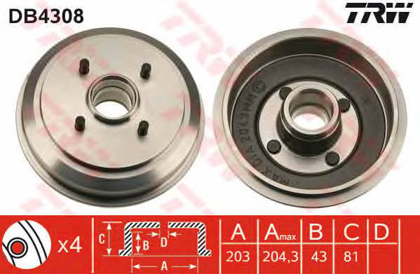 TRW DB4308 Rear brake drum DB4308: Buy near me in Poland at 2407.PL - Good price!