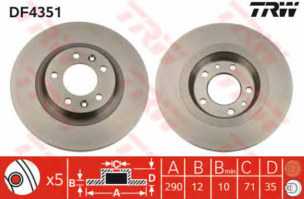 TRW DF4351 Rear brake disc, non-ventilated DF4351: Buy near me in Poland at 2407.PL - Good price!