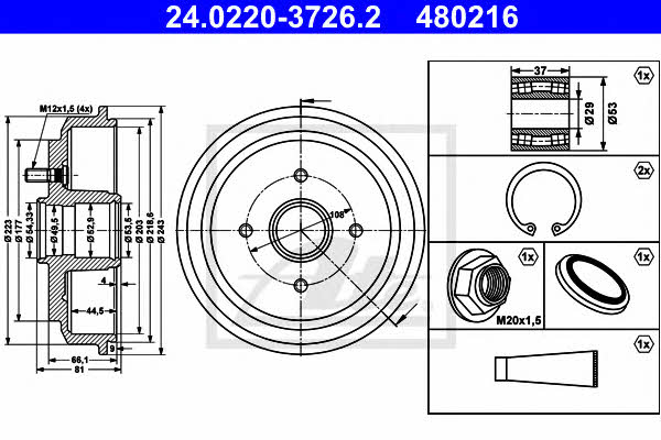 Ate 24.0220-3726.2 Brake drum with wheel bearing, assy 24022037262: Buy near me at 2407.PL in Poland at an Affordable price!