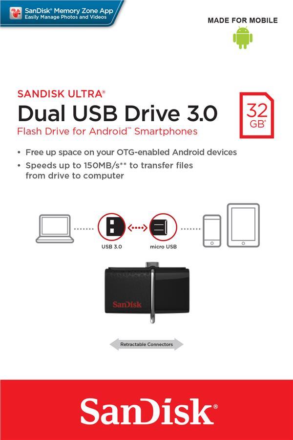Sandisk SDDD2-032G-GAM46 Накопитель SanDisk 32GB USB 3.0 Ultra Dual Drive OTG Black SDDD2032GGAM46: Отличная цена - Купить в Польше на 2407.PL!