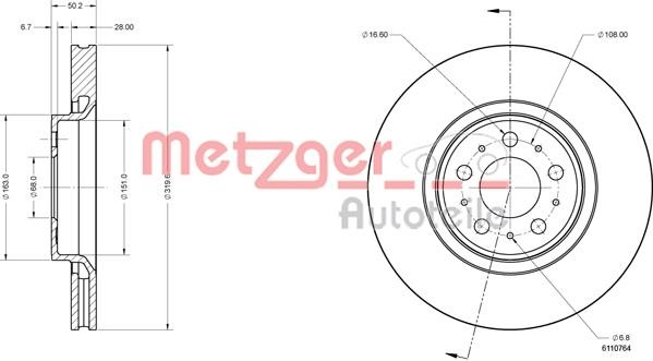 Metzger 6110764 Front brake disc ventilated 6110764: Buy near me in Poland at 2407.PL - Good price!
