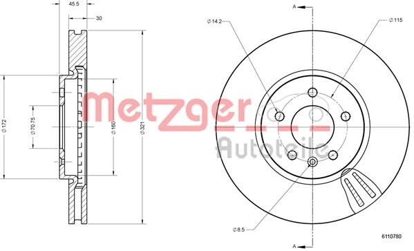 Metzger 6110780 Front brake disc ventilated 6110780: Buy near me in Poland at 2407.PL - Good price!