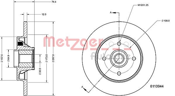 Metzger 6110944 Rear brake disc, non-ventilated 6110944: Buy near me in Poland at 2407.PL - Good price!