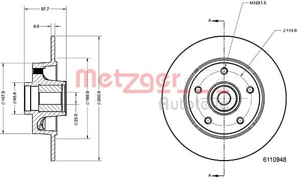 Metzger 6110948 Rear brake disc, non-ventilated 6110948: Buy near me at 2407.PL in Poland at an Affordable price!