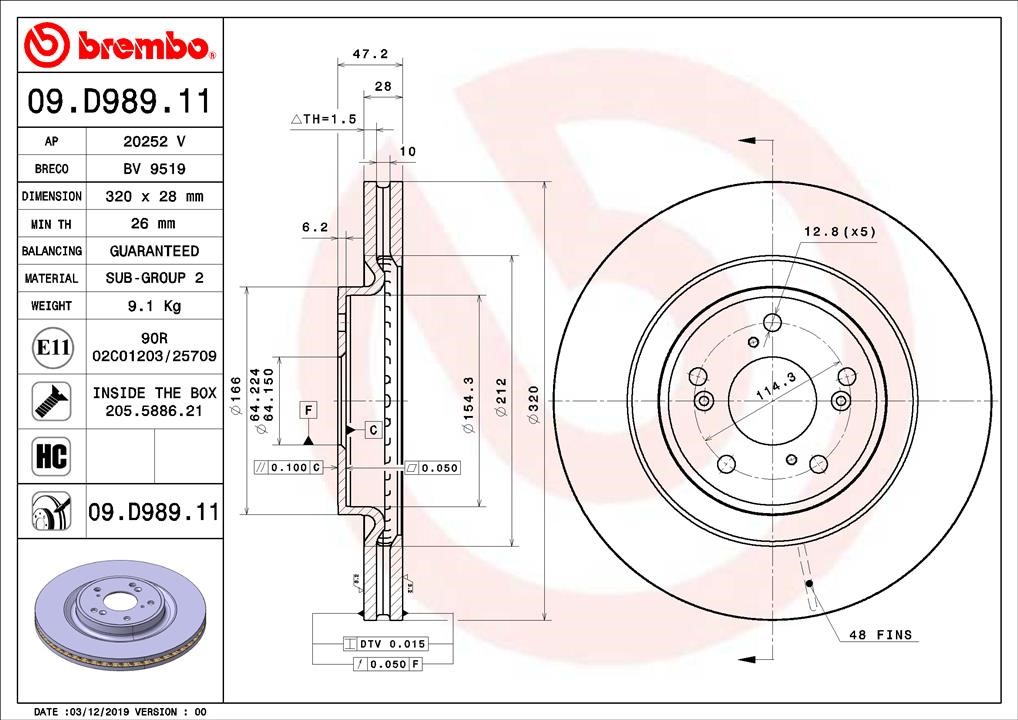 Brembo 09.D989.11 Front brake disc ventilated 09D98911: Buy near me in Poland at 2407.PL - Good price!