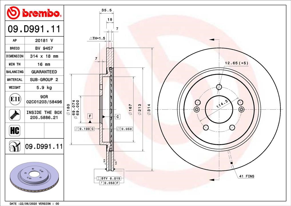 Brembo 09.D991.11 Тормозной диск задний вентилируемый 09D99111: Отличная цена - Купить в Польше на 2407.PL!