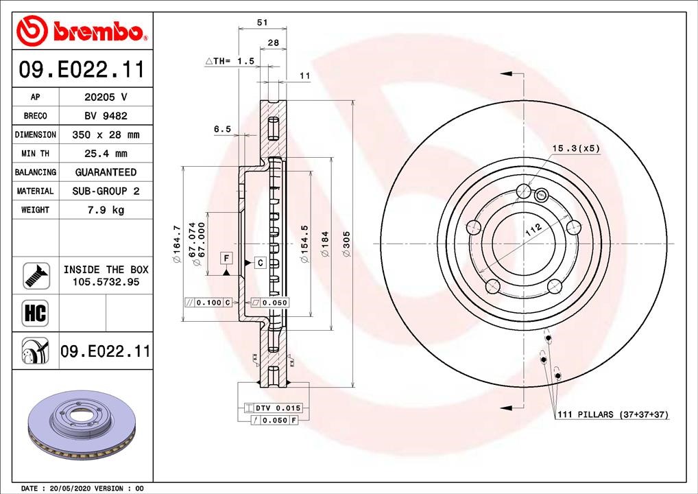 Brembo 09.E022.11 Front brake disc ventilated 09E02211: Buy near me in Poland at 2407.PL - Good price!