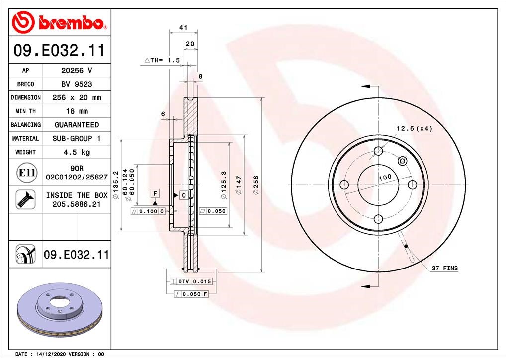 Brembo 09.E032.11 Front brake disc ventilated 09E03211: Buy near me in Poland at 2407.PL - Good price!