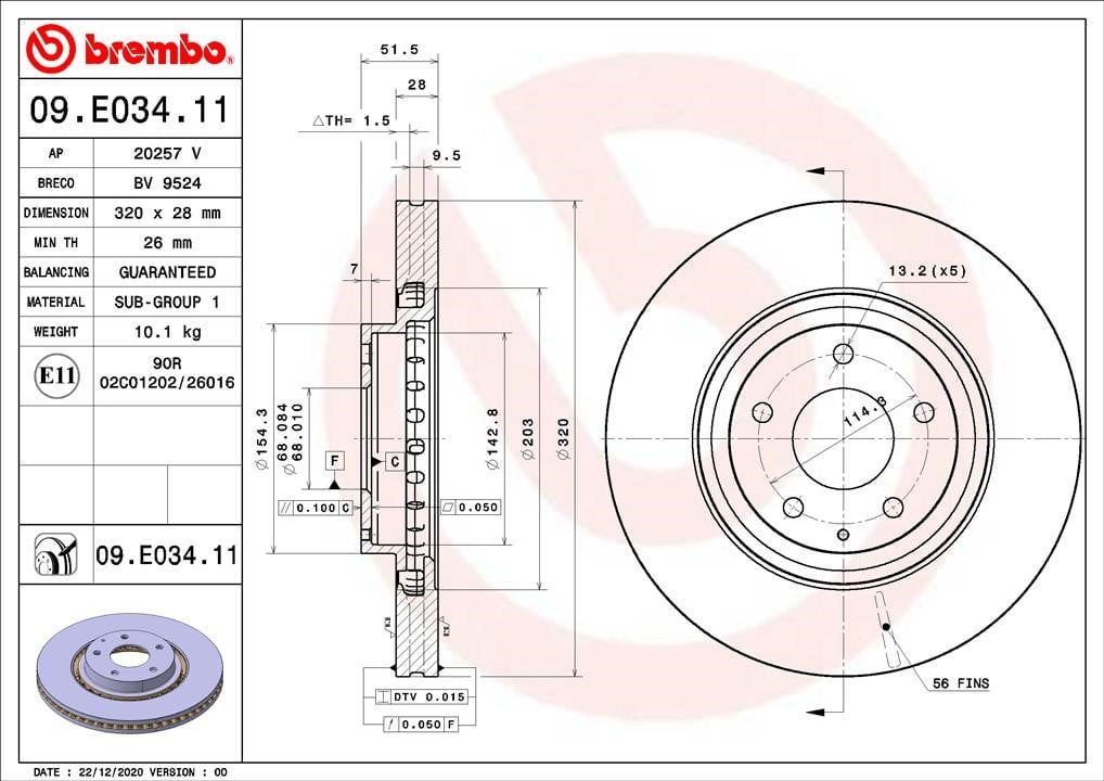 Brembo 09.E034.11 Front brake disc ventilated 09E03411: Buy near me in Poland at 2407.PL - Good price!