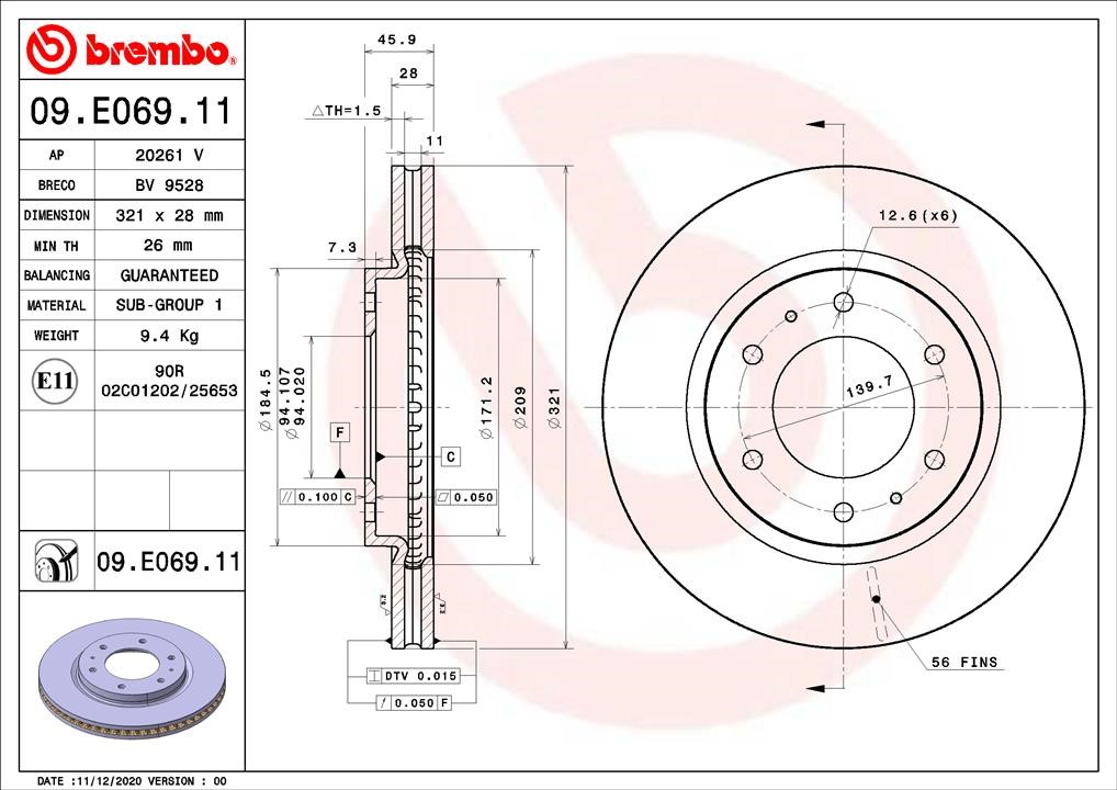 Brembo 09.E069.11 Тормозной диск передний вентилируемый 09E06911: Отличная цена - Купить в Польше на 2407.PL!