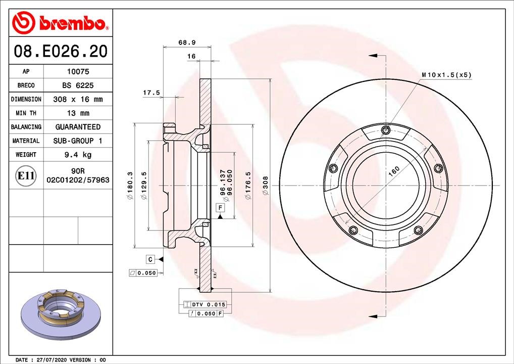 Brembo 08.E026.20 Rear brake disc, non-ventilated 08E02620: Buy near me in Poland at 2407.PL - Good price!
