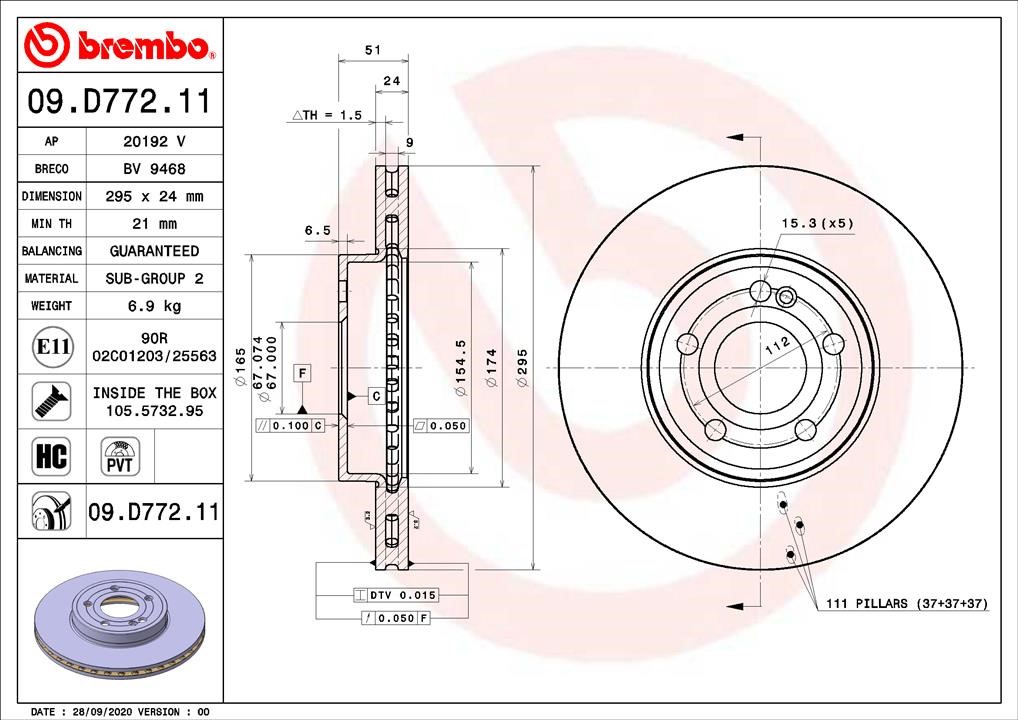 Brembo 09.D772.11 Front brake disc ventilated 09D77211: Buy near me in Poland at 2407.PL - Good price!