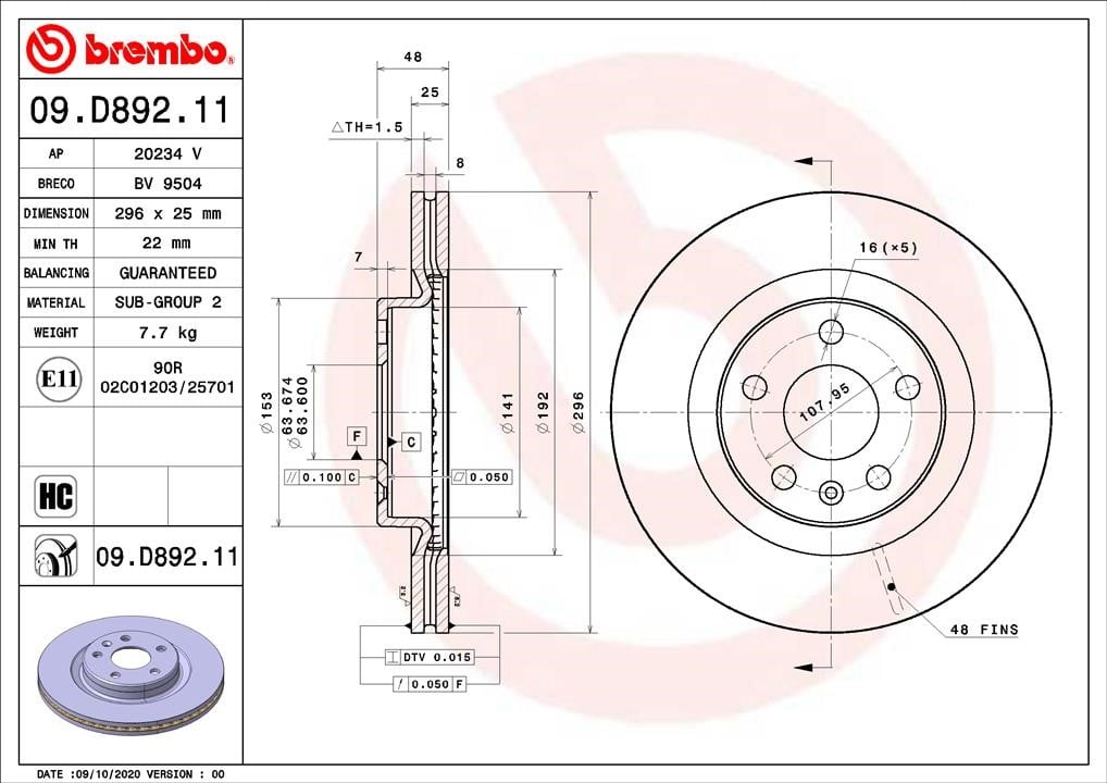 Brembo 09.D892.11 Front brake disc ventilated 09D89211: Buy near me in Poland at 2407.PL - Good price!
