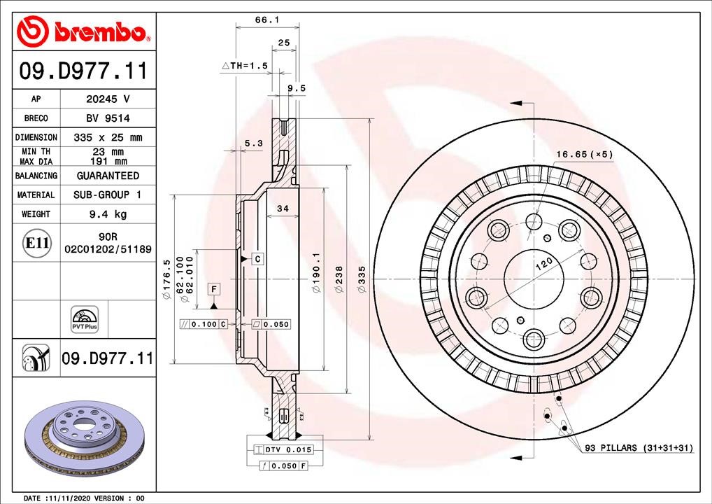 Brembo 09.D977.11 Rear ventilated brake disc 09D97711: Buy near me in Poland at 2407.PL - Good price!