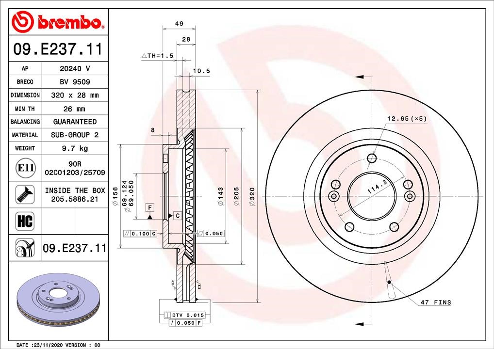 Brembo 09.E237.11 Front brake disc ventilated 09E23711: Buy near me in Poland at 2407.PL - Good price!