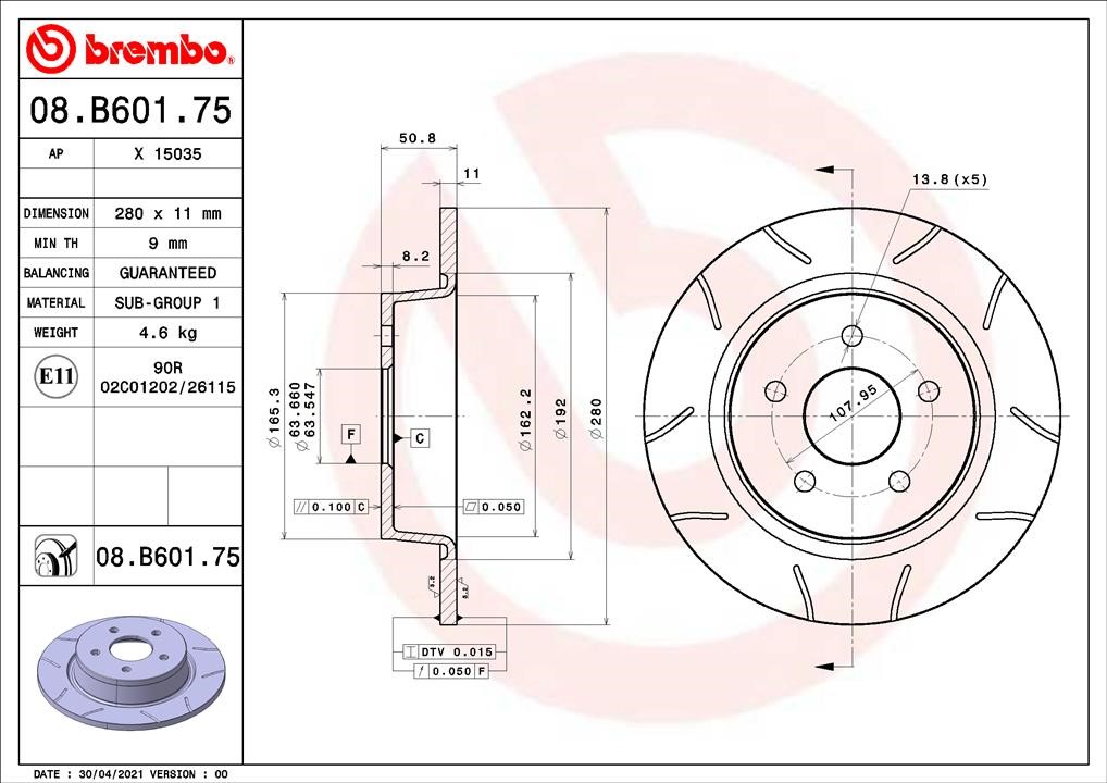 Brembo 08.B601.75 Rear brake disc, non-ventilated 08B60175: Buy near me in Poland at 2407.PL - Good price!