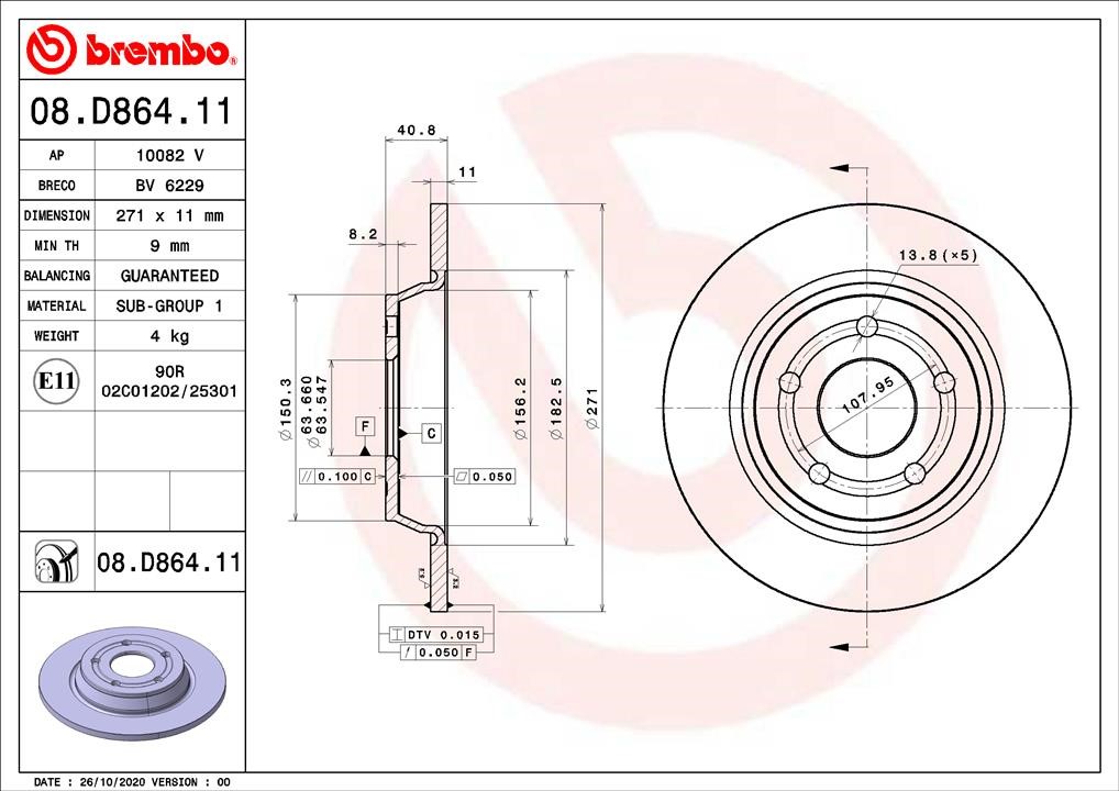Brembo 08.D864.11 Rear brake disc, non-ventilated 08D86411: Buy near me in Poland at 2407.PL - Good price!