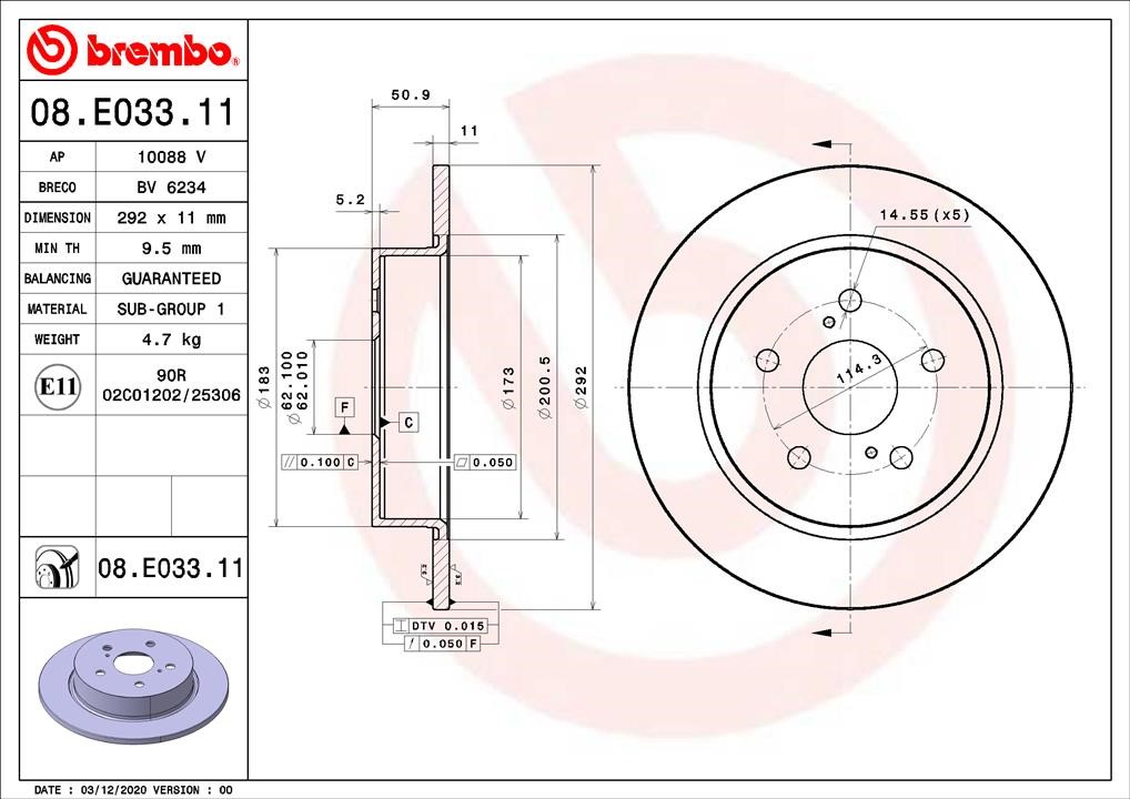 Brembo 08.E033.11 Rear brake disc, non-ventilated 08E03311: Buy near me in Poland at 2407.PL - Good price!