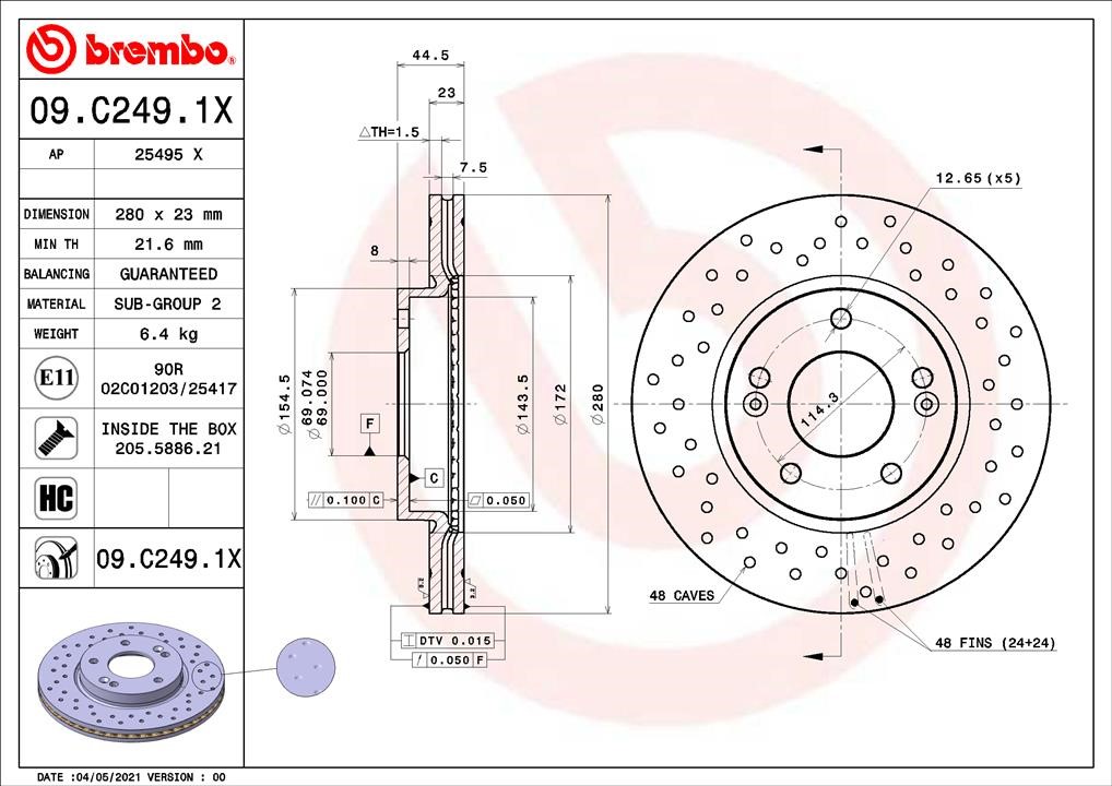 Brembo 09.C249.1X Front brake disc ventilated 09C2491X: Buy near me in Poland at 2407.PL - Good price!