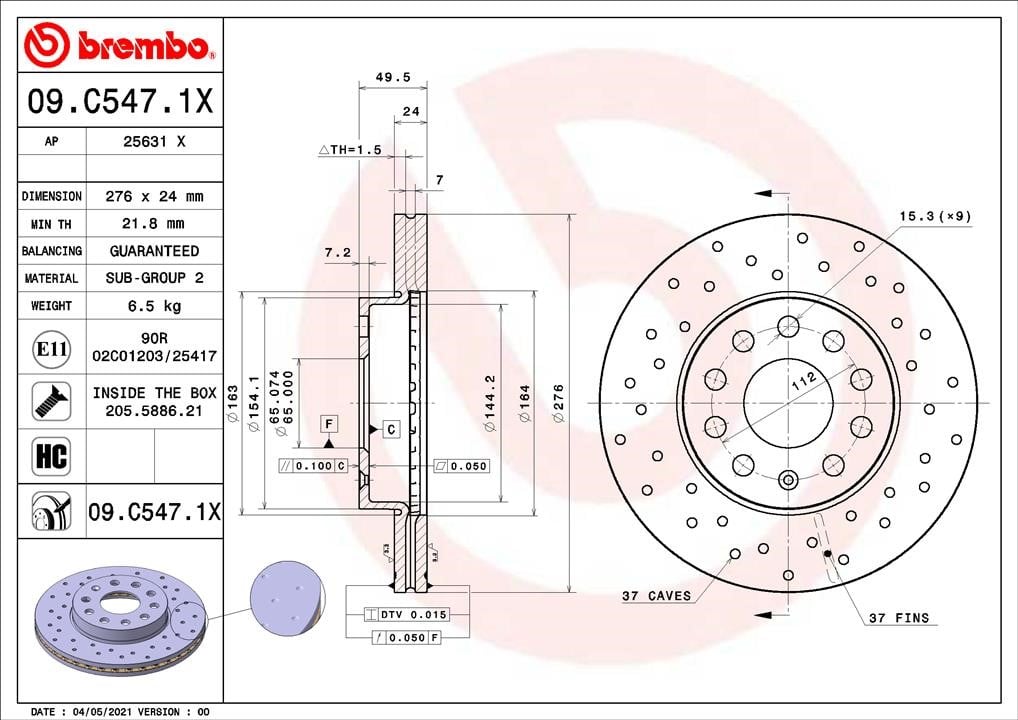 Brembo 09.C547.1X Front brake disc ventilated 09C5471X: Buy near me in Poland at 2407.PL - Good price!