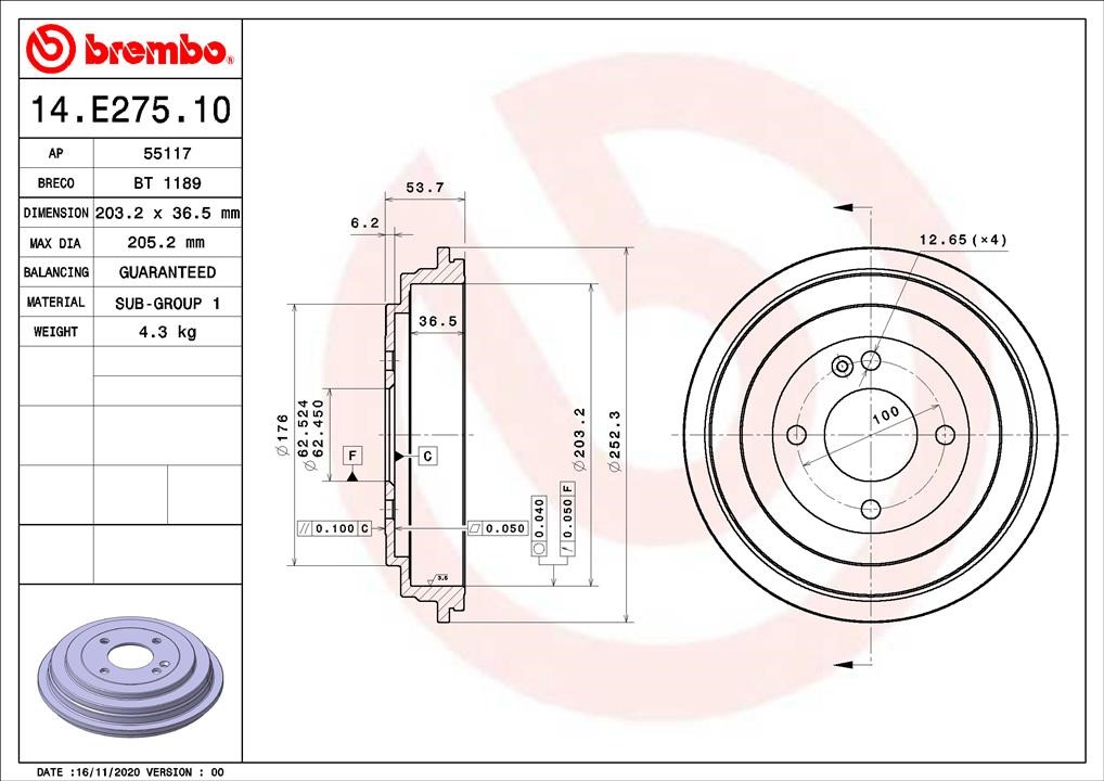 Brembo 14.E275.10 Brake drum 14E27510: Buy near me at 2407.PL in Poland at an Affordable price!