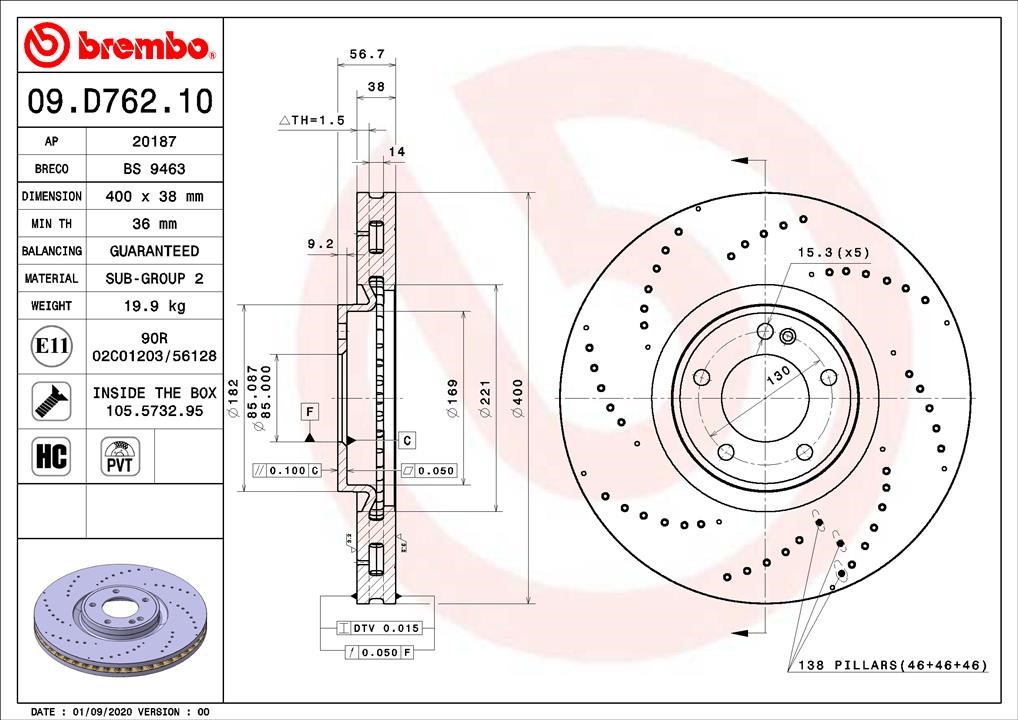 Brembo 09.D762.10 Тормозной диск передний вентилируемый 09D76210: Отличная цена - Купить в Польше на 2407.PL!