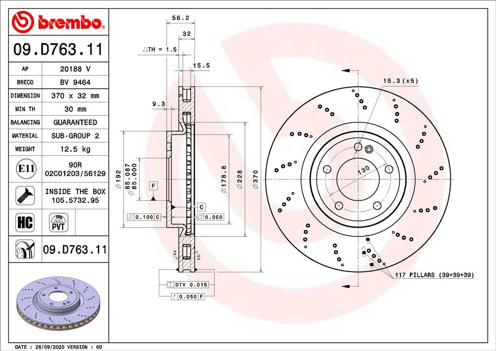 Brembo 09.D763.11 Тормозной диск задний вентилируемый 09D76311: Отличная цена - Купить в Польше на 2407.PL!