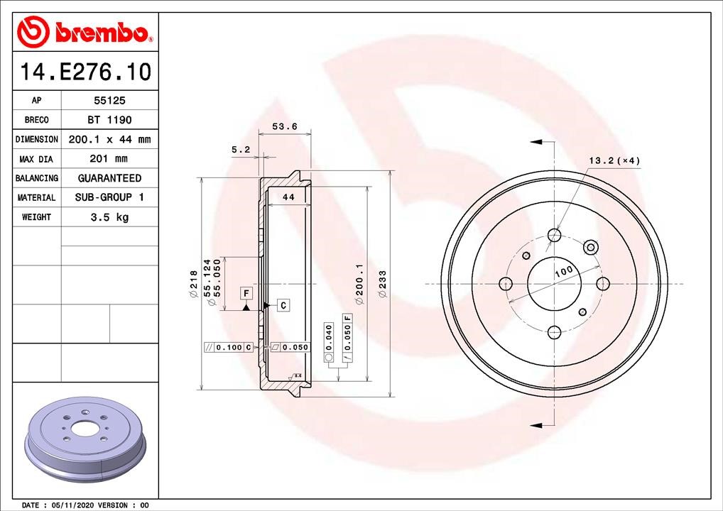 Brembo 14.E276.10 Brake drum 14E27610: Buy near me in Poland at 2407.PL - Good price!