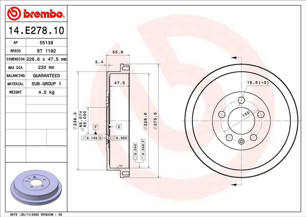 Brembo 14.E278.10 Brake drum 14E27810: Buy near me in Poland at 2407.PL - Good price!