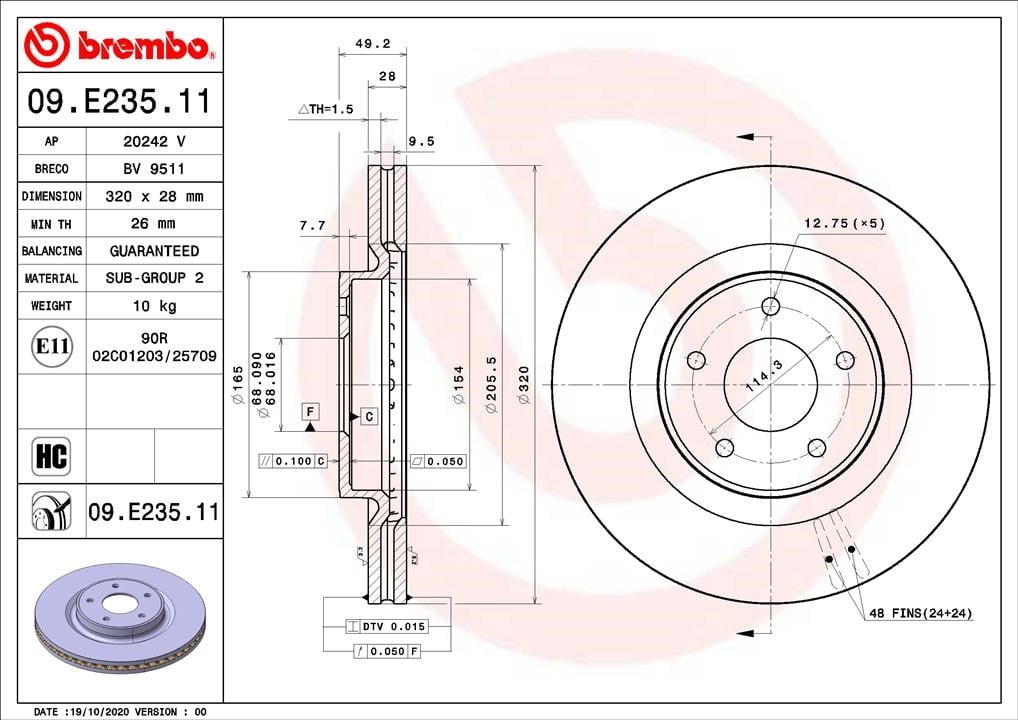 Brembo 09.E235.11 Front brake disc ventilated 09E23511: Buy near me in Poland at 2407.PL - Good price!