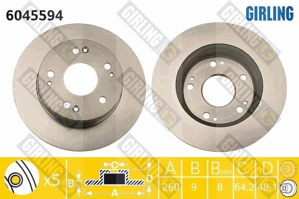 Girling 6045594 Rear brake disc, non-ventilated 6045594: Buy near me in Poland at 2407.PL - Good price!