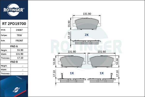 Rotinger RT 2PD19700 Brake Pad Set, disc brake RT2PD19700: Buy near me in Poland at 2407.PL - Good price!