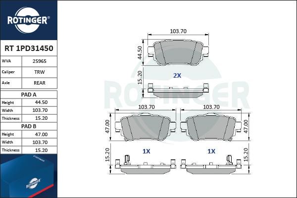 Rotinger RT 1PD31450 Гальмівні колодки, комплект RT1PD31450: Купити у Польщі - Добра ціна на 2407.PL!