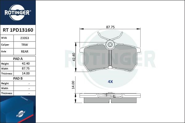 Rotinger RT 1PD13160 Тормозные колодки дисковые, комплект RT1PD13160: Отличная цена - Купить в Польше на 2407.PL!