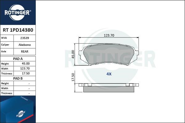 Rotinger RT 1PD14380 Гальмівні колодки, комплект RT1PD14380: Приваблива ціна - Купити у Польщі на 2407.PL!