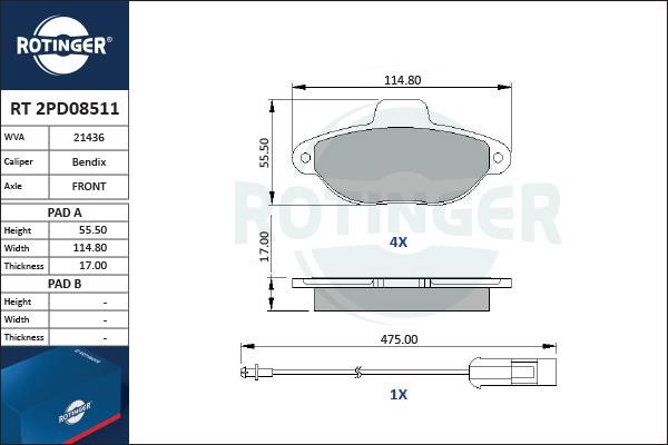 Rotinger RT 2PD08511 Тормозные колодки дисковые, комплект RT2PD08511: Отличная цена - Купить в Польше на 2407.PL!