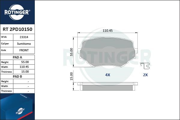 Rotinger RT 2PD10150 Тормозные колодки дисковые, комплект RT2PD10150: Отличная цена - Купить в Польше на 2407.PL!