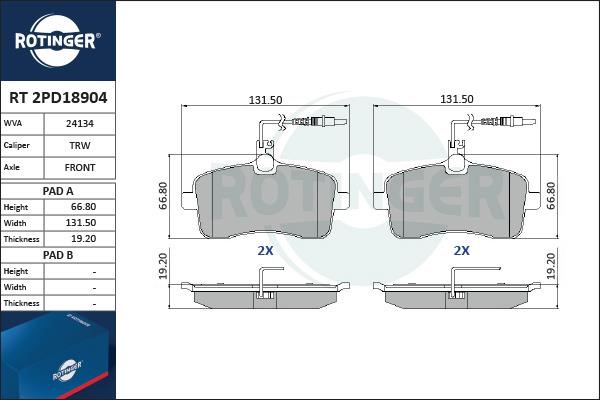 Rotinger RT 2PD18904 Тормозные колодки дисковые, комплект RT2PD18904: Отличная цена - Купить в Польше на 2407.PL!
