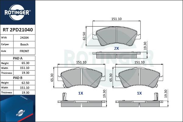 Rotinger RT 2PD21040 Тормозные колодки дисковые, комплект RT2PD21040: Отличная цена - Купить в Польше на 2407.PL!