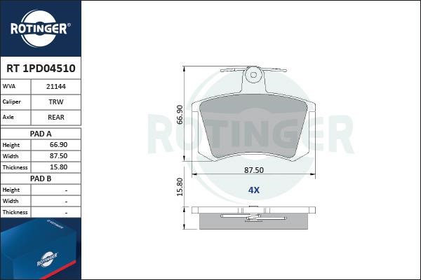 Rotinger RT 1PD04510 Тормозные колодки дисковые, комплект RT1PD04510: Отличная цена - Купить в Польше на 2407.PL!