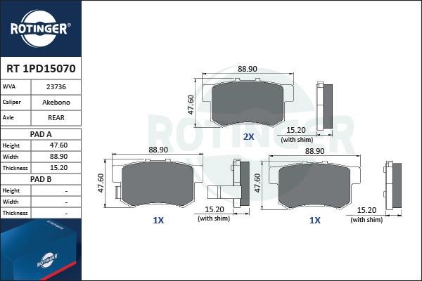 Rotinger RT 1PD15070 Brake Pad Set, disc brake RT1PD15070: Buy near me at 2407.PL in Poland at an Affordable price!