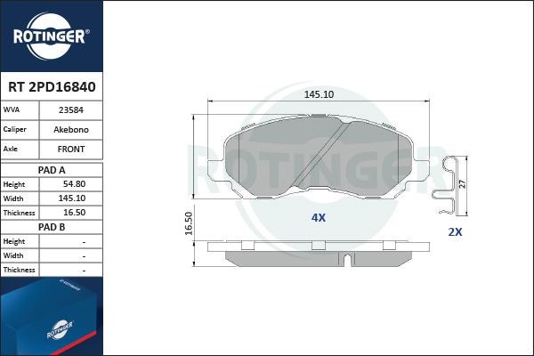 Rotinger RT 2PD16840 Тормозные колодки дисковые, комплект RT2PD16840: Купить в Польше - Отличная цена на 2407.PL!