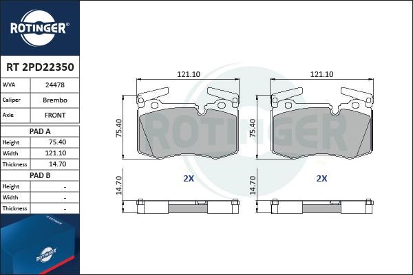 Rotinger RT 2PD22350 Гальмівні колодки, комплект RT2PD22350: Приваблива ціна - Купити у Польщі на 2407.PL!