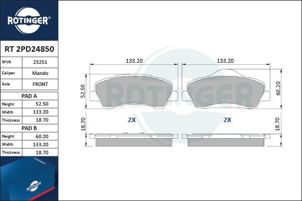 Rotinger RT 2PD24850 Brake Pad Set, disc brake RT2PD24850: Buy near me at 2407.PL in Poland at an Affordable price!