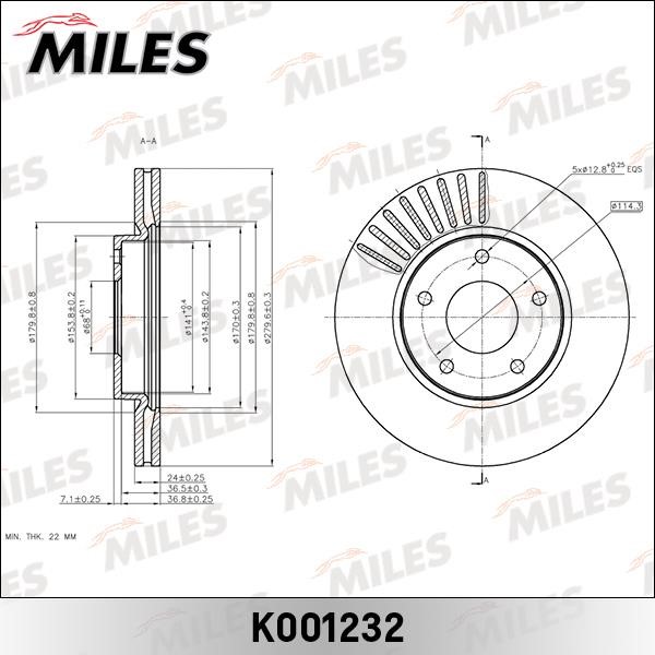Miles K001232 Front brake disc ventilated K001232: Buy near me in Poland at 2407.PL - Good price!