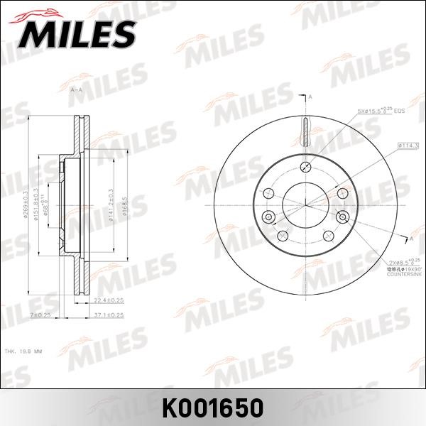 Miles K001650 Front brake disc ventilated K001650: Buy near me in Poland at 2407.PL - Good price!