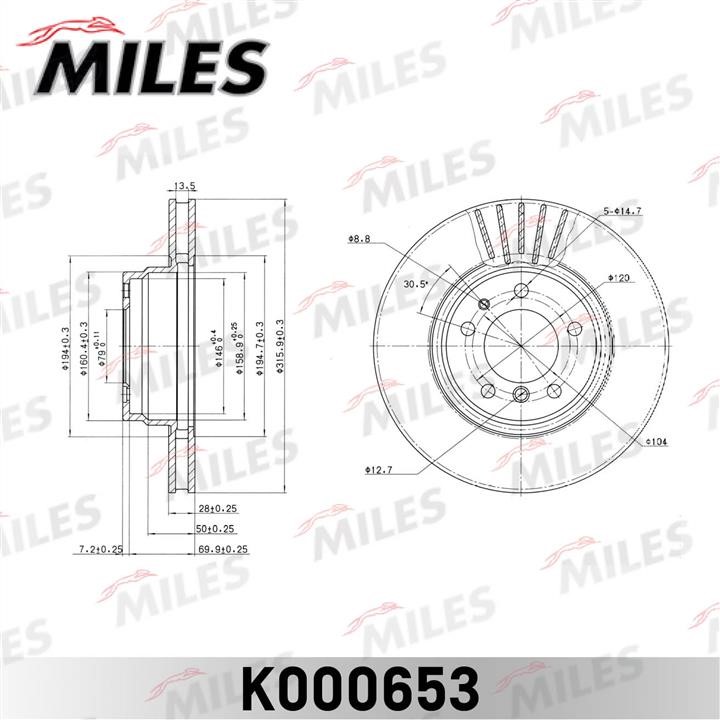 Miles K000653 Front brake disc ventilated K000653: Buy near me in Poland at 2407.PL - Good price!